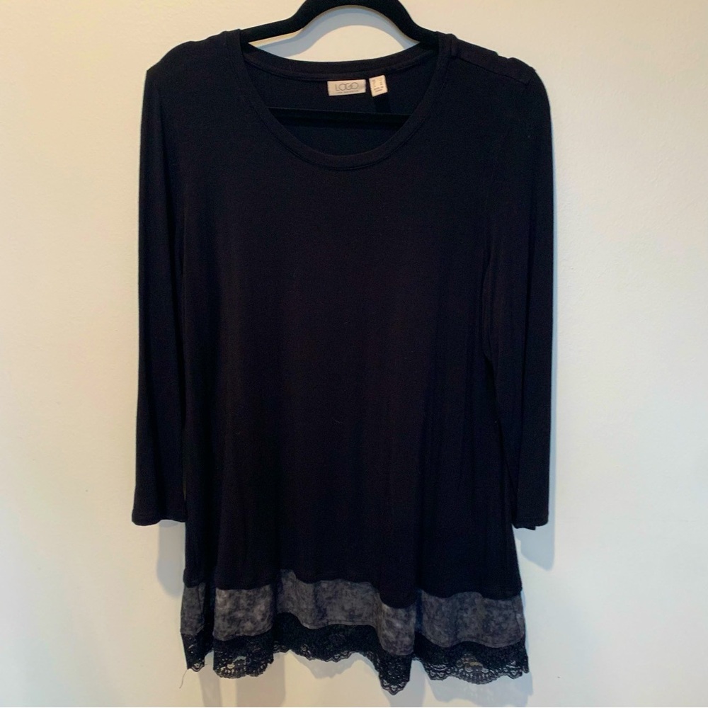 LOGO by Lori Goldstein Black Long Sleeve Tunic with Lace Hem. Size L
